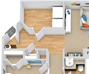 Trinity 3D. 3 bedroom apartment. Kitchen with bartop open to living/dinning rooms. 2 full bathroom, shower stall & double vanity in master. Walk-in closet in master. Patio/balcony. Optional fireplace.